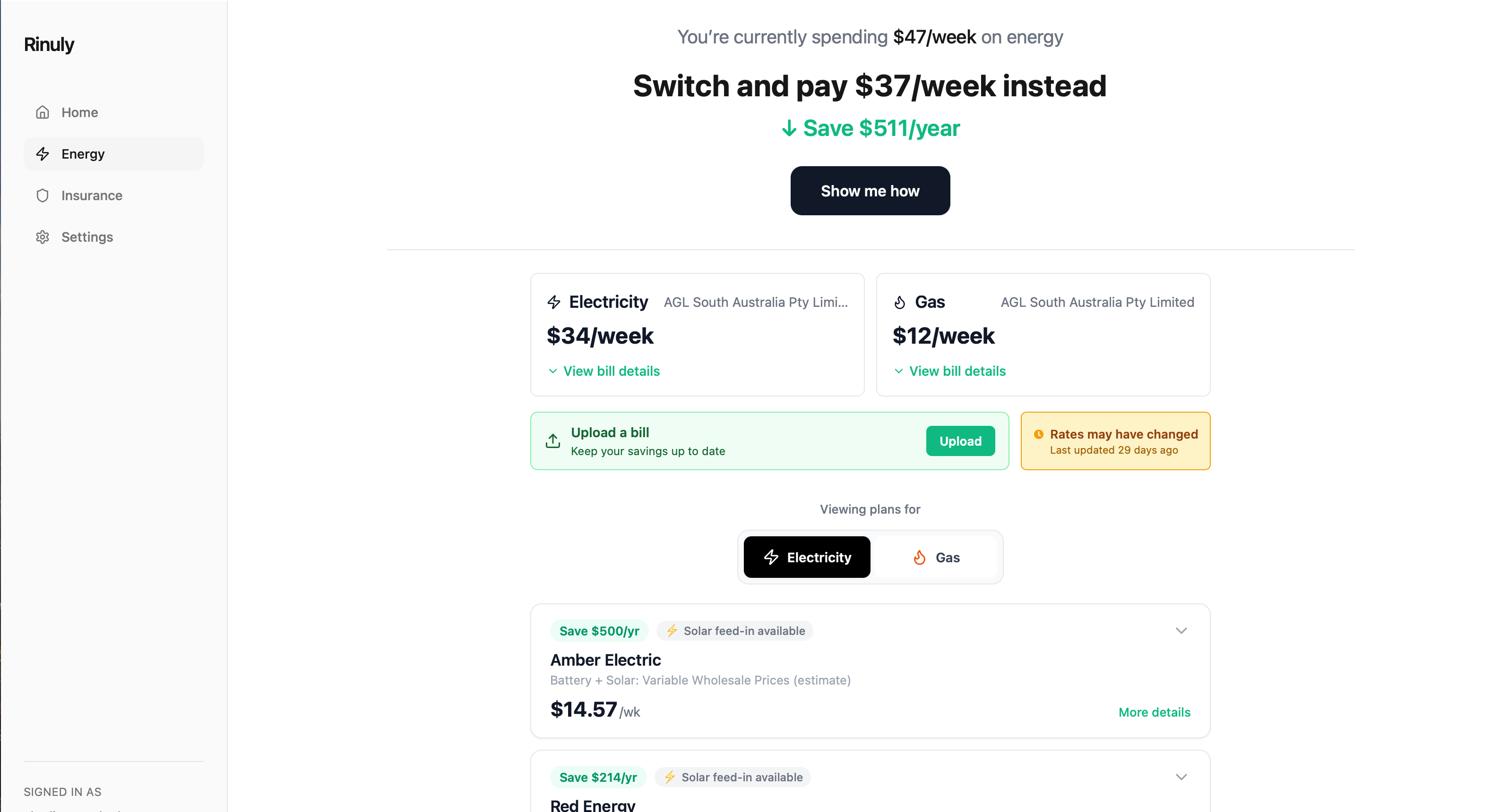 Rinuly dashboard showing energy and insurance tracking overview