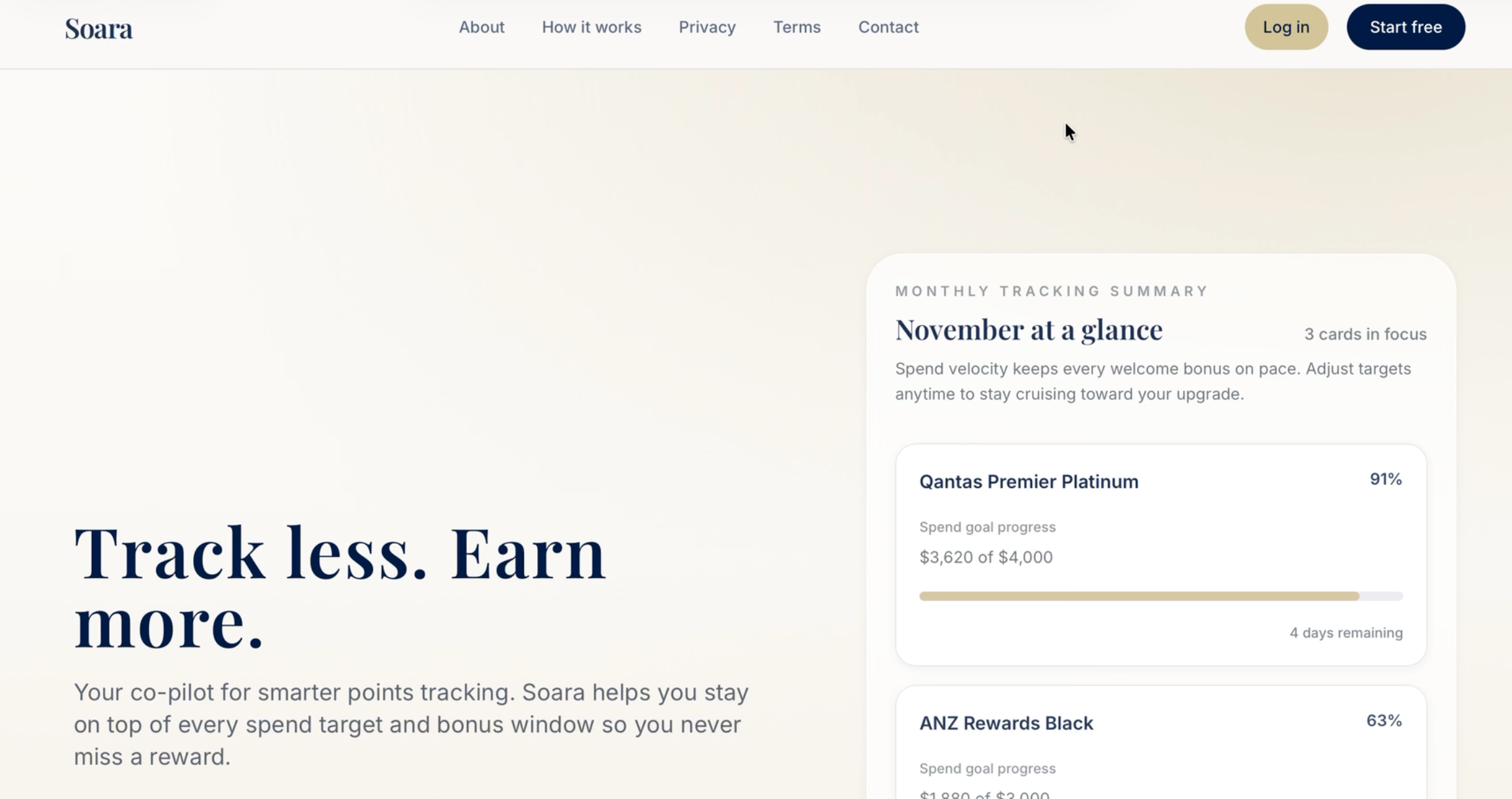 Soara landing page showing credit card points tracking summary